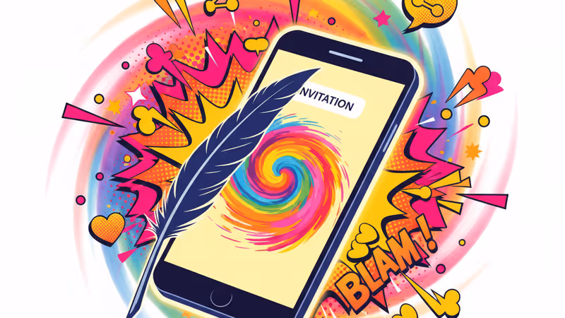 A classical quill pen resting on a smartphone showing a digital invite.