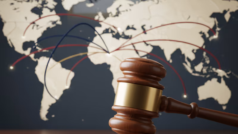 ソウル中央地裁の判決を象徴する裁判槌と韓国国旗のイメージ