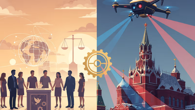 밤의 장막 아래 고전적 저택을 감시하는 드론과 엇갈리는 조명