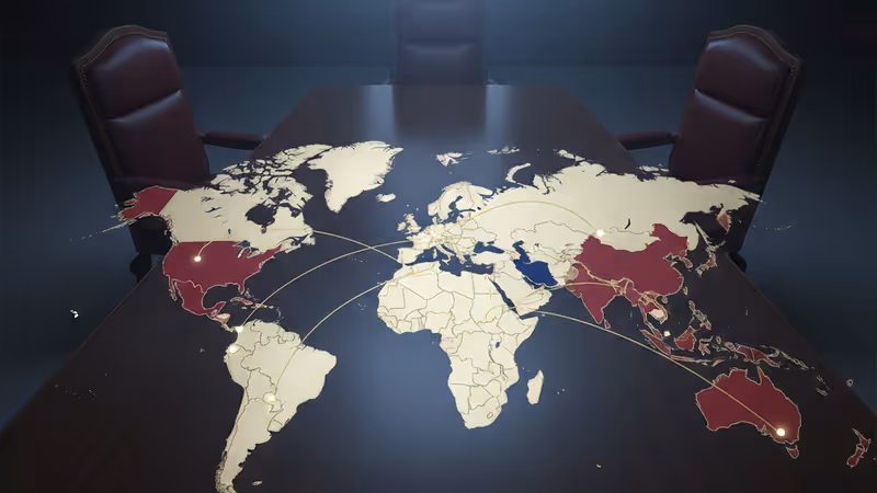 An empty, cold negotiation room with a long table and facing chairs