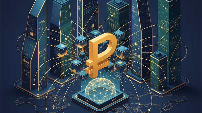 블록체인 네트워크를 통해 이동하는 루블화 스테이블코인 시각화 이미지