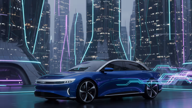 夕暮れの砂漠を走るシルバーのLucid Airセダン