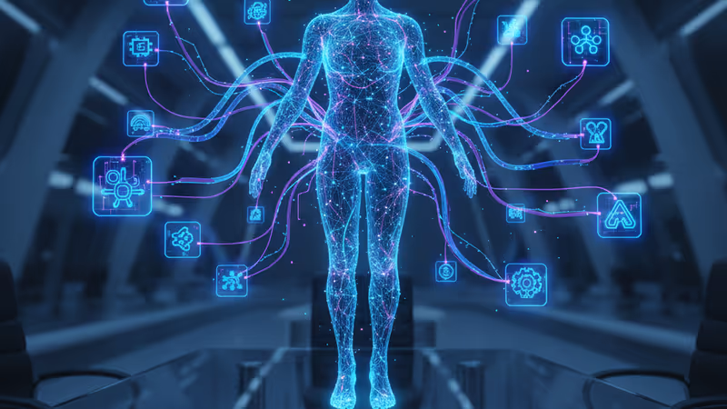 A holographic AI agent emerging from a Slack chat