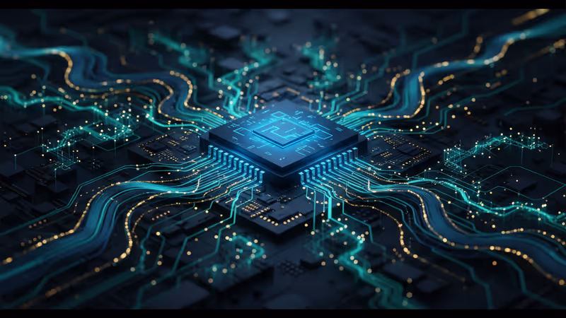 象徵三星電子獲利增長的科技感半導體晶片與閃爍的數據線條。