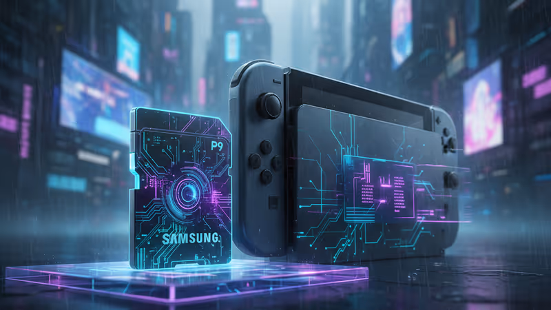 放置在 Nintendo Switch 2 旁的 Samsung P9 microSD 記憶卡