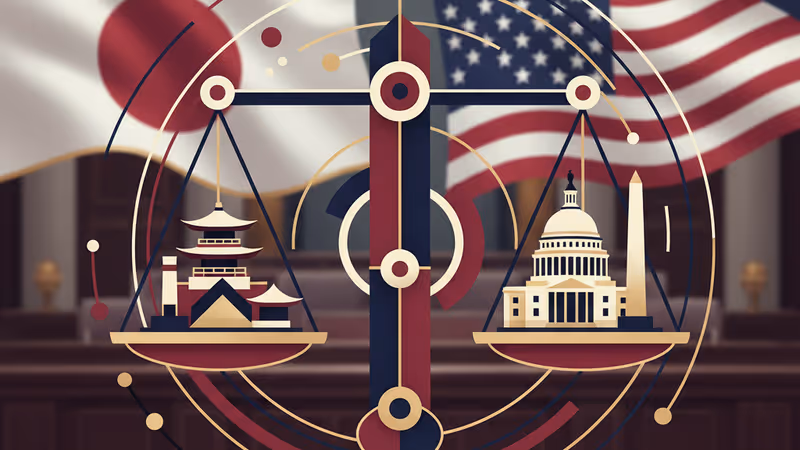 미국과 일본의 국기가 배치된 회담장 전경