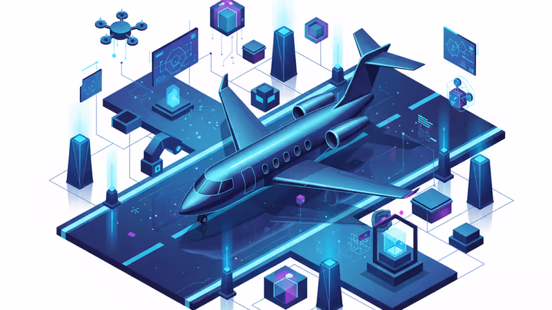 A private jet on a dark runway with blue lighting