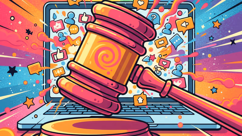 법관의 의사봉과 분노가 담긴 이메일이 보이는 노트북이 놓인 어두운 책상