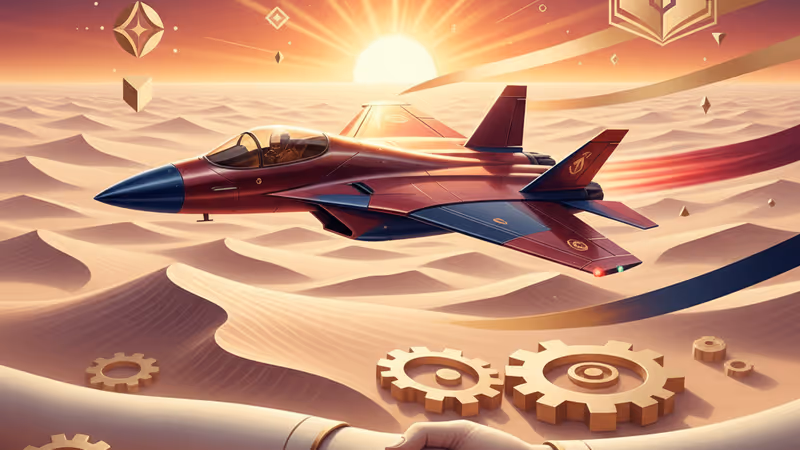 砂漠の夕日を背景にしたJF-17戦闘機のシルエット