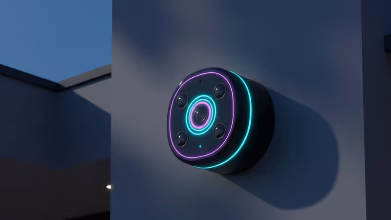 安裝在現代住宅牆面上的 Sauron AI 高端監控系統概念圖