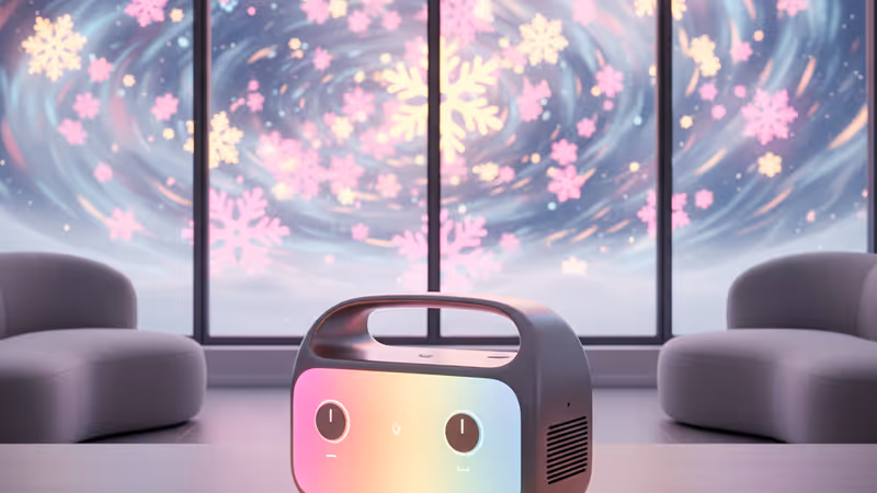 폭설이 내리는 창밖을 배경으로 놓여진 Bluetti AC180 파워 스테이션