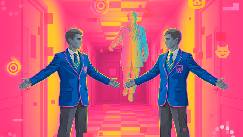 学校の机に置かれた、片方の腕に赤い紐がついた双子の木製人形