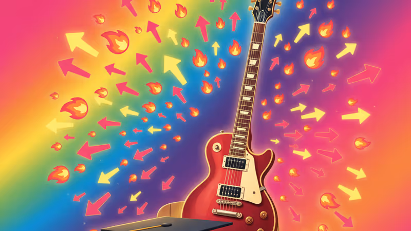 教室の机に置かれたギターとゴールドディスクの風景