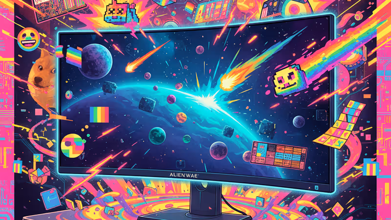 宇宙の映像が映し出されたAlienwareの34インチ曲面モニター