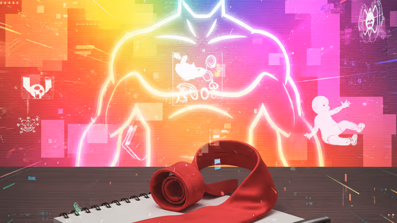 スコット・アダムス氏を象徴する赤いネクタイと眼鏡が置かれた無人の漫画制作デスク