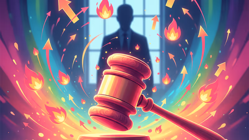 法庭地板上裂成兩半的戲劇面具，象徵法律鬥爭對演藝事業的傷害