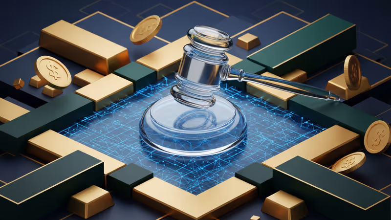 법원 망치와 푸른 빛의 암호화폐 로고가 놓인 책상