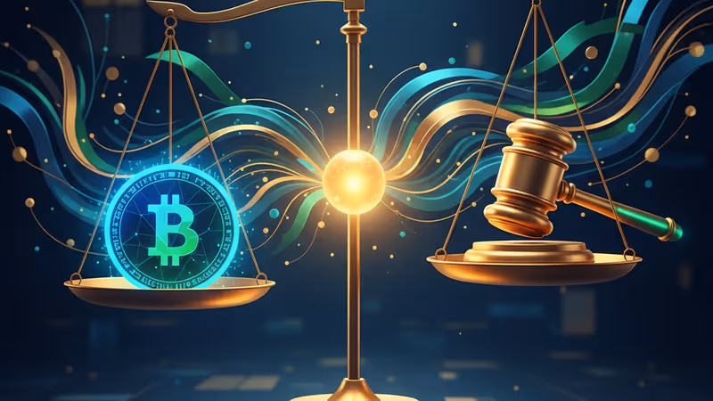 법원 의사봉과 가상자산 기호가 균형을 이루는 모습