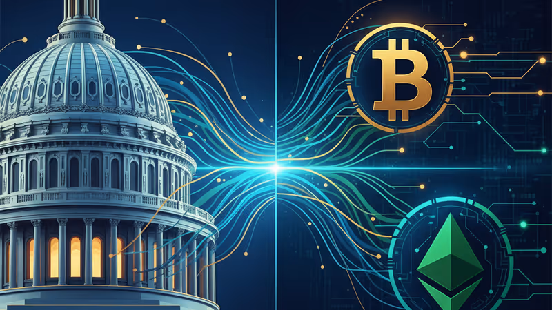 US Capitol building juxtaposed with digital currency icons