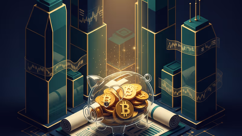 비트코인 심볼과 동전이 담긴 저금통과 은퇴 설계 서류