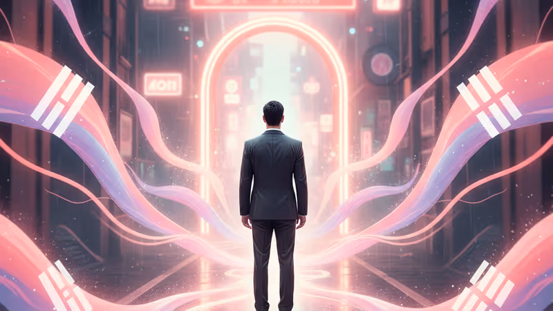 어두운 밤 화려한 클럽 네온사인 앞에 선 수트 차림의 인물