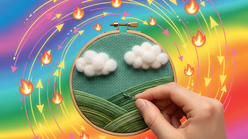  Sew Beautiful による、羊毛で表現された雲が立体的な風景刺繍作品