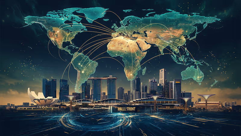 싱가포르 금융가 전경과 나스닥 로고가 결합된 미래 지향적 이미지