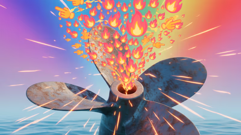 暗い水中に沈む巨大な錆びついたプロペラのシルエット