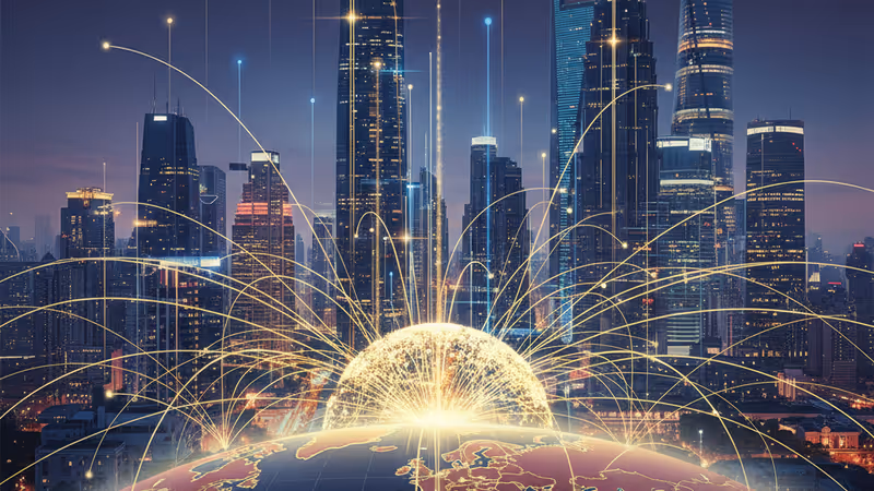 上海のスカイラインとデジタル金融データを融合させたイメージ画像