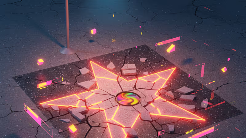 A cracked star symbol on a dark urban street