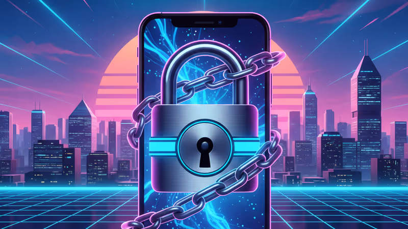 スマートフォンの画面にかけられた鍵と、オンラインの安全性を象徴する青い光のグラフィック。