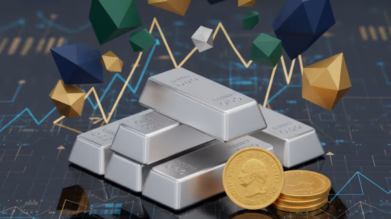 堆疊的純銀條與深色玻璃反射上的數位交易線條