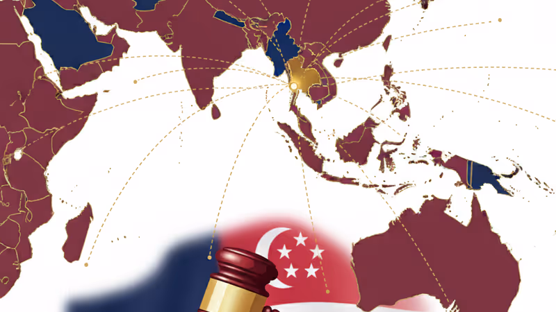 シンガポール議会の議場を背景にした裁判の槌のイメージ