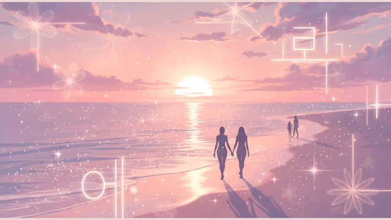 The iconic beach setting of Single's Inferno with a fiery sunset.