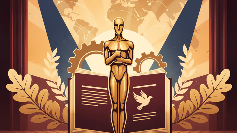 奧斯卡金像獎獎座與象徵電影《Sinners》的紅色燈光氛圍