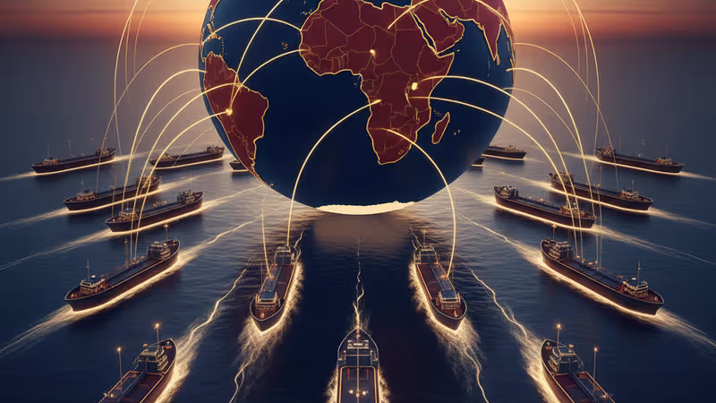 在黑夜公海航行的巨大油輪，背景隱約可見監視船隻的輪廓