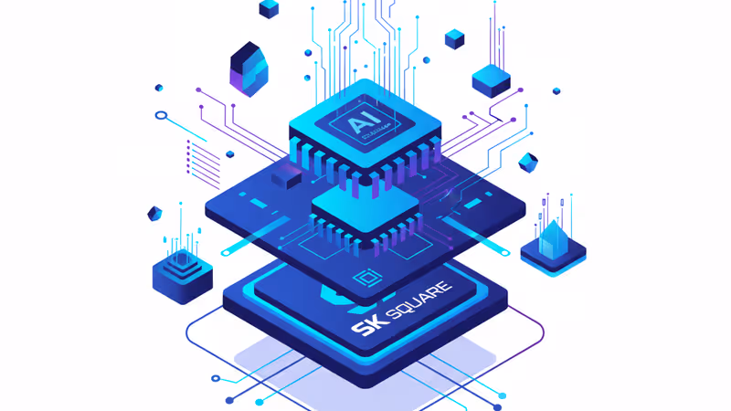 SK스퀘어 로고와 반도체 회로가 겹쳐진 기업 투자의 상징적 이미지