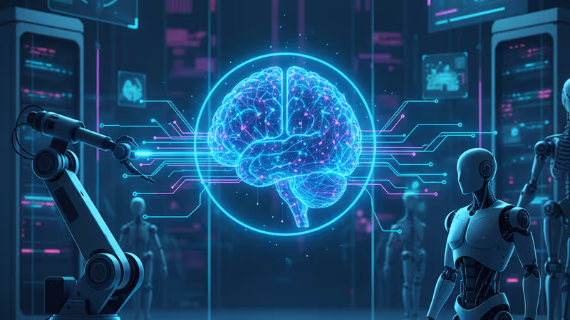 다양한 로봇과 연결된 인공지능 신경망 그래픽