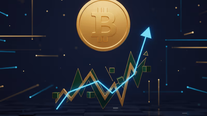 顯示市場波動曲線與比特幣標誌的財經資訊圖表