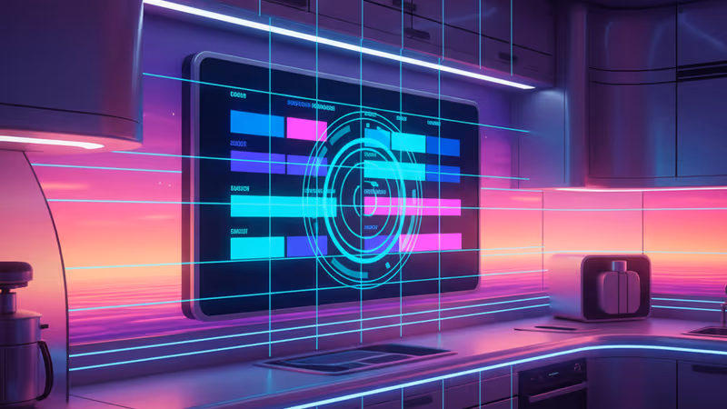 주방 벽에 설치된 Skylight Calendar 2의 디지털 일정 화면