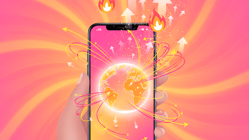 Smartphone displaying global data activation and connecting lines across a digital map.