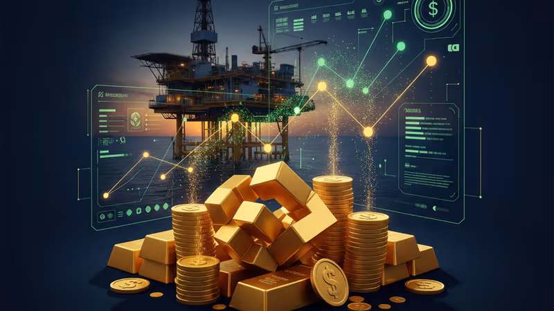 現代化石油生產設施與象徵繁榮的金色數據圖表圖示