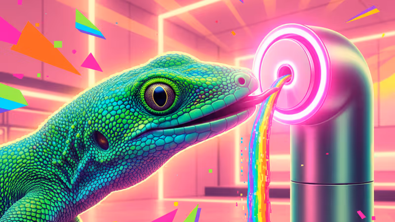 센서형 정수기에서 물을 마시고 있는 작은 도마뱀