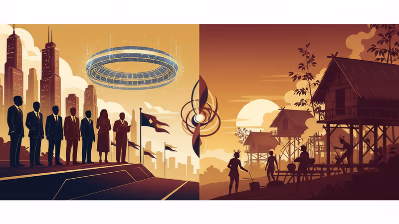 ニュークラークシティの近未来的な完成予想図と、伝統的な生活を送るAeta族の対比