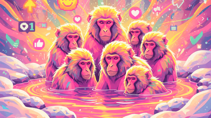 在下雪的地獄谷野猿公苑，一群日本獼猴一邊泡溫泉一邊緊緊相依