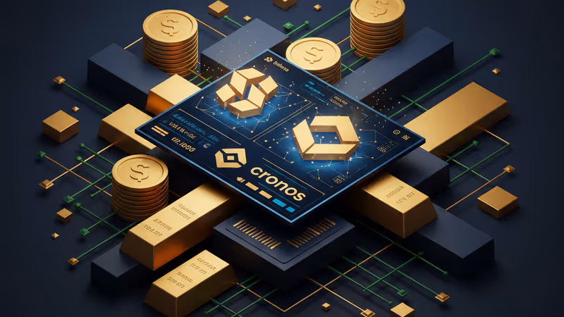 상승 화살표와 함께 빛나는 솔라나 및 크로노스 디지털 자산 심볼