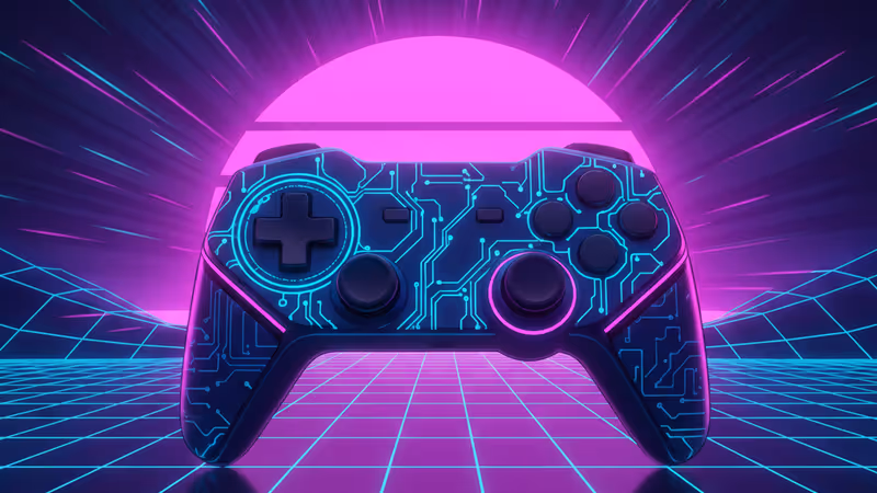 AI 신경망과 데이터 스트림이 겹쳐진 미래형 게임 컨트롤러