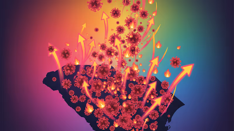 顕微鏡で見たはしかウイルスのイメージとサウスカロライナ州の流行を伝えるグラフィック