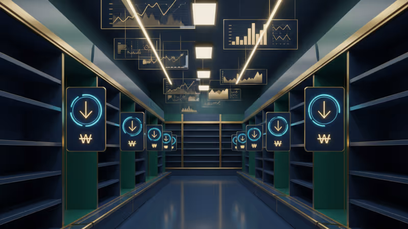 South Korean supermarket interior with inflation data visualization
