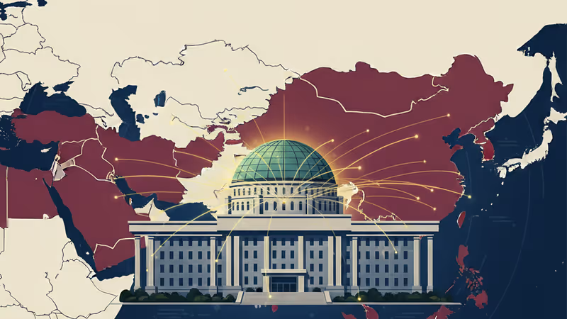 象徵2026赤馬年的紅色奔馬穿梭於韓國傳統與科技建築之間